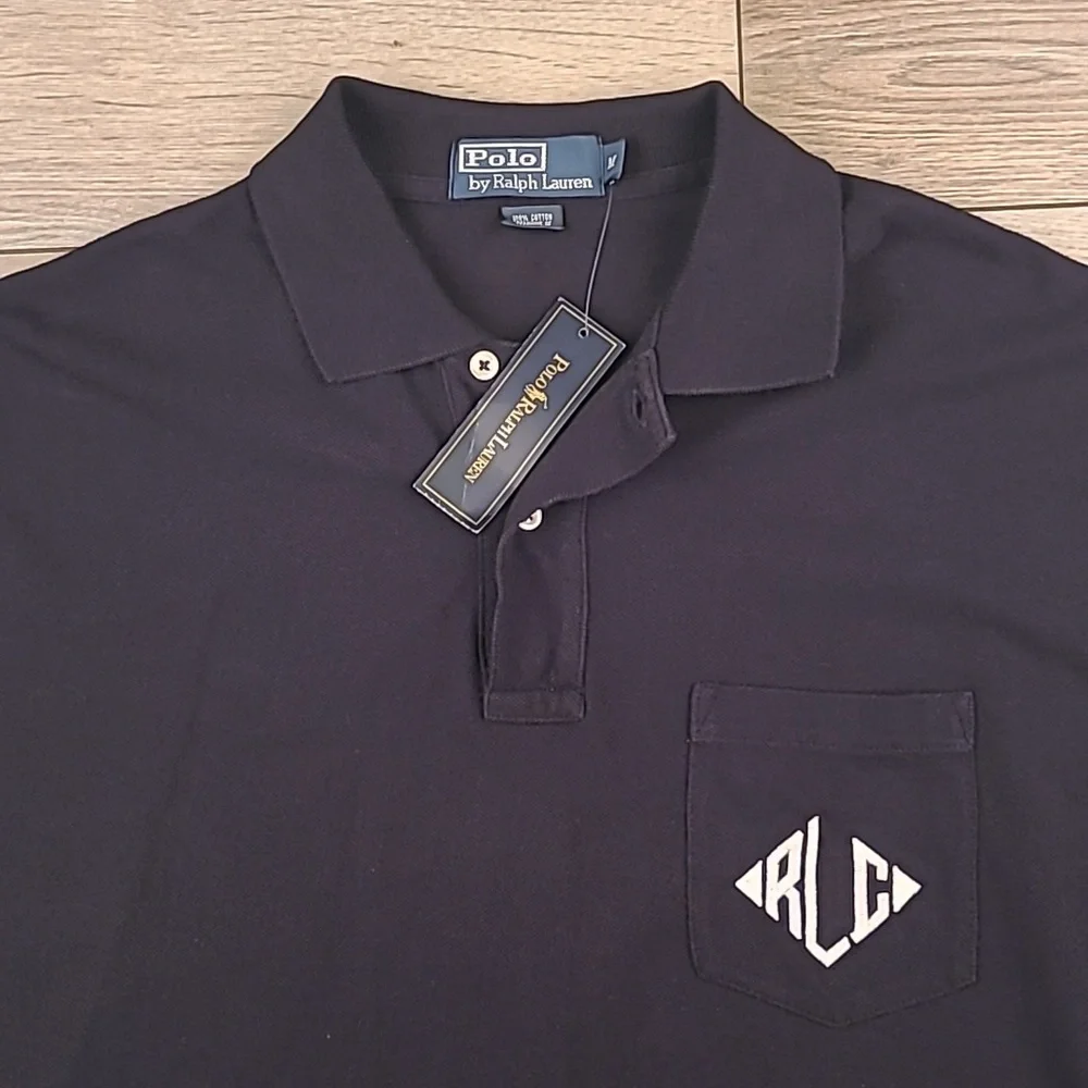 POLO RALPH‎ LAUREN RLC Embroidered Black Cotton Sz M Short Sleeve Polo Shirt NEW